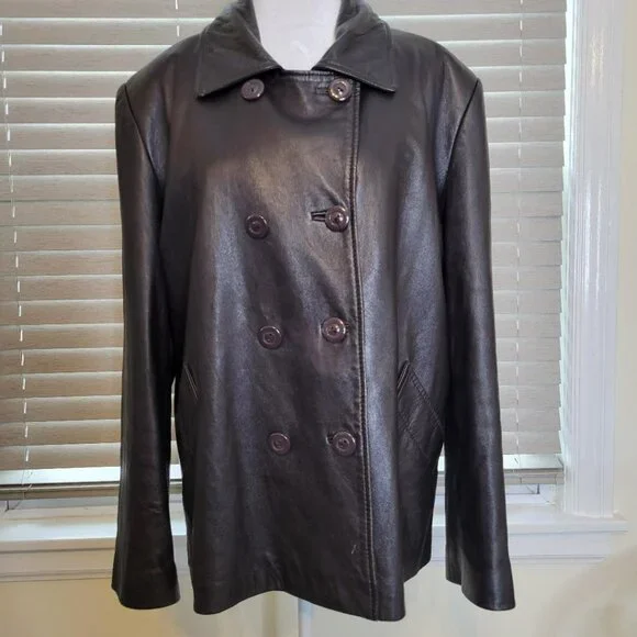 Brown Genuine Leather Sleek Ladies Double Breasted Jacket, Size Large, - Picture 1 of 15